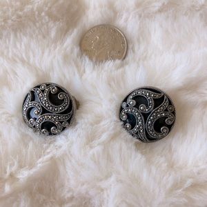 Vintage Silver Marcasite and Black Onyx Clip on Earrings